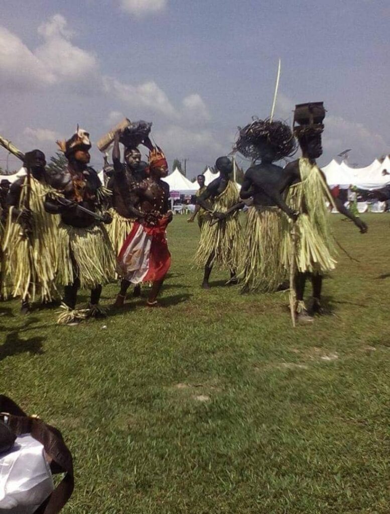 The tigboti dance cultural group from Akuejeba in cultural display at the 10th year Coronation Anniversary of HRM Orhue 1, Orodje of Okpe Kingdom.